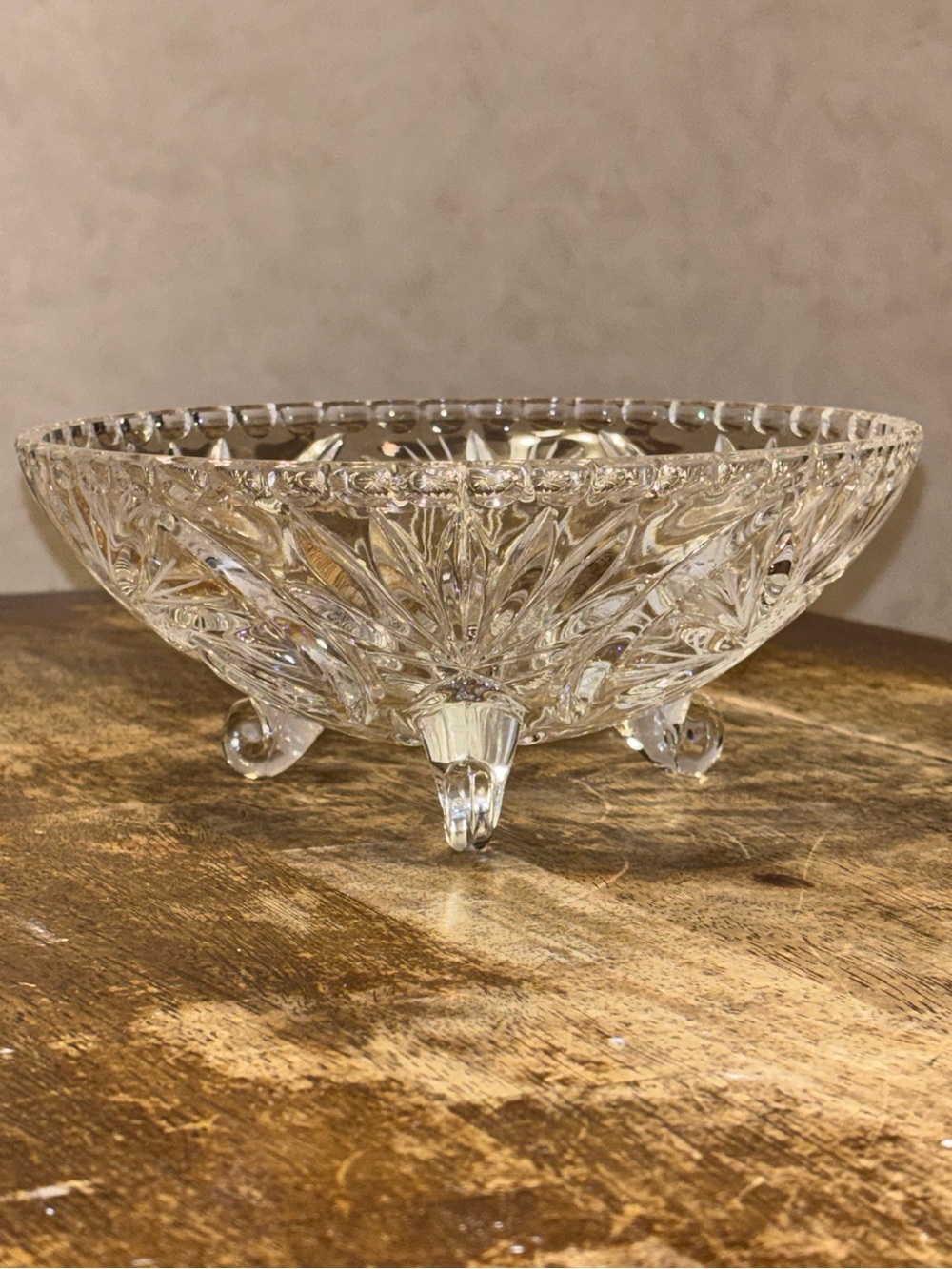 Vintage Hand Cut Iranian Persian Crystal Footed Bowl Pinwheel 9” Estate